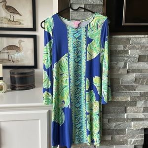 Lilly Pulitzer Blue & Green Knit Long Open Slit Sleeve Palm Print Dress XXS